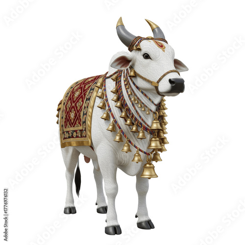 Nandi bull , white sacred bull of Lord Shiva with bells, divine vahana, isolated on white, Nandi dev kala, नंदी देव कला