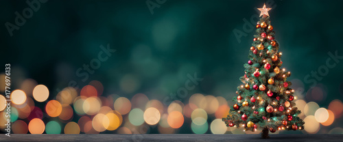 christmas tree with decorations on a dark purple background with bokeh lights
