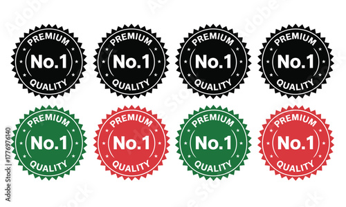 No.1 premium quality logo stamp set featuring pointed and rounded zigzag badge styles in black and white color, No.1 quality logo icon vector template.