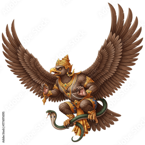 Garuda, divine eagle holding serpent, wings spread, Vishnu vahana, white background, Garud dev kala, गरुड़ देव कला