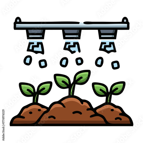 Illustration of plants being watered by an automatic irrigation system.
