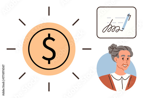 Dollar sign radiating light, pen signing document, senior woman smiling. Ideal for retirement, investments, contracts, elder care, savings, legal matters simple flat metaphor