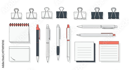 Office Supplies Collection Binder Clips Pens Notepads Sticky Notes Top View Flat Lay