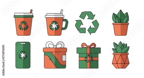 Eco Friendly Icons Sustainable Coffee Cups Gift Boxes Plants Recycling Symbol Green Business and Sustainable Lifestyle Graphics