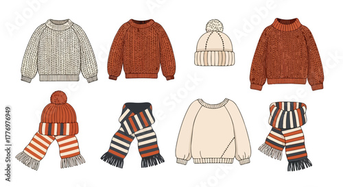 Cozy Winter Fashion Flat Lay Knitted Sweaters Hats Scarves in Earth Tones for Stylish Cold Weather Outfits