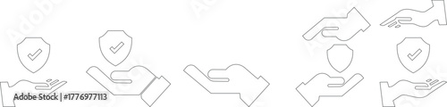 Insurance Hand Protection Concept Icon set symbolism of trust, care, and financial safety. This premium minimal vector shows a stylized human hand gently holding a shield, support, and reliability.