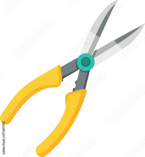 Illustration of garden shears with sharp silver blades and yellow handles on a white background, conveying a tool used for pruning plants.