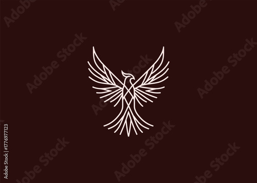 A stylized phoenix logo in fine line art, depicting rising wings and rebirth energy, combining symmetry and flow for a creative modern vector illustration concept