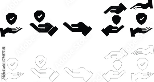 Insurance Hand Protection Concept Icon set symbolism of trust, care, and financial safety. This premium minimal vector shows a stylized human hand gently holding a shield, support, and reliability.