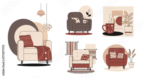 Cozy Living Room Scenes Armchairs Mugs Plants and Hygge Vibes Flat Vector Illustrations