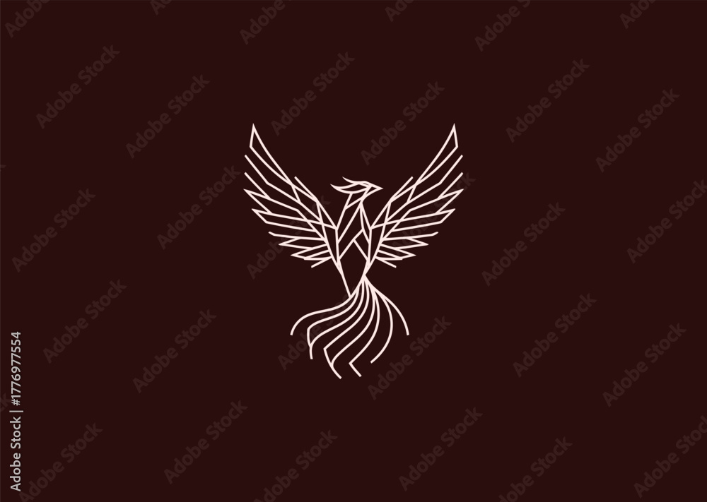 Obraz premium A stylized phoenix logo in fine line art, depicting rising wings and rebirth energy, combining symmetry and flow for a creative modern vector illustration concept