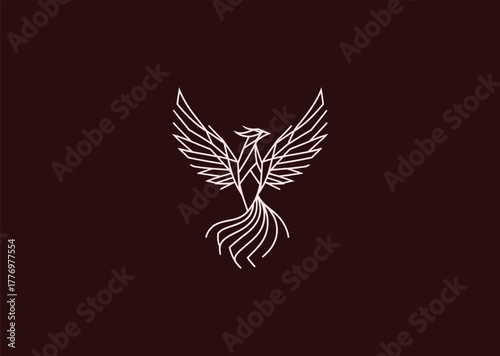A stylized phoenix logo in fine line art, depicting rising wings and rebirth energy, combining symmetry and flow for a creative modern vector illustration concept