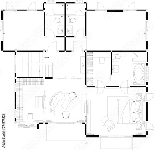 2D Drawing of Furniture Layout for Residential House – Second Floor Master Bedroom and Large Dressing Room Interior Design Plan
