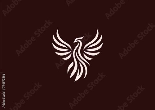 A stylized phoenix logo in fine line art, depicting rising wings and rebirth energy, combining symmetry and flow for a creative modern vector illustration concept