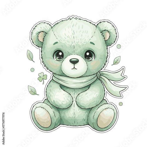 Teddy Bear Green Clipart SVG whimsical, ultra-detailed watercolor illustration of an adorable baby teddy bear in soft shades of green, sitting cutely with plump round paws and a tiny fluttering green 