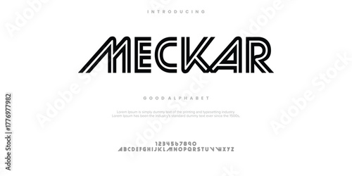 Meckar Modern minimal abstract alphabet fonts. Typography technology, electronic, movie, digital, music, future, logo creative font. vector illustration