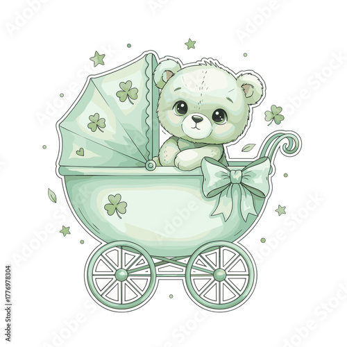 Teddy Bear Green Clipart SVG  whimsical, ultra-detailed watercolor illustration of an adorable baby teddy bear in soft green hues, sitting inside a mint-green watercolor baby carriage decorated 