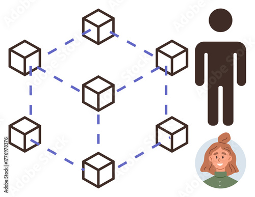 Network of connected cubes representing blockchain technology with male and female figures. Ideal for technology, decentralization, data exchange, digital identity, peer-to-peer interaction