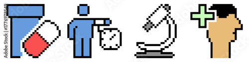Set pixel health check up vector. Collection of 8 bit icons for medical examination, wellness, and preventative healthcare themes. Ideal for retro game assets and digital health interfaces.