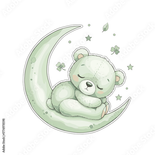 Teddy Bear Green Clipart SVG ultra-detailed watercolor illustration of an adorable baby teddy bear in soft green shades, peacefully sleeping on a crescent green watercolor moon. 