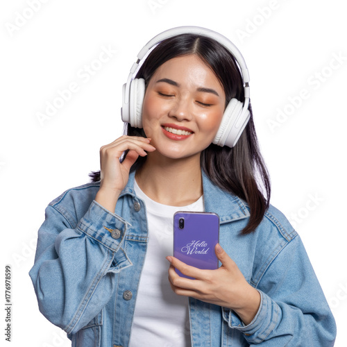 smiling asian woman listening to music with headphones