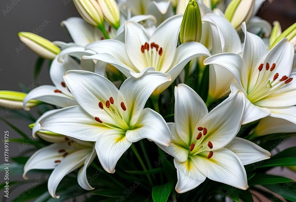 Obraz premium Elegant white lilies arranged in a lush bouquet, macro, still life