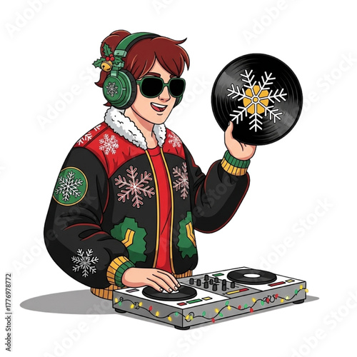 Cartoon Christmas DJ Girl in Festive Jacket Holding Snowflake Record at Mixer Vector Illustration