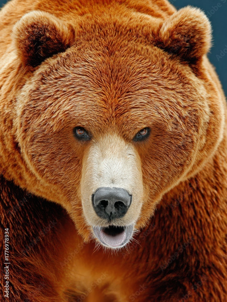 Obraz premium Intense brown bear with a fierce expression, staring powerfully, against a dark background