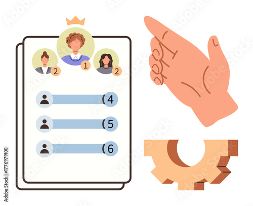 Leaderboard with ranked profiles, hand pointing gesture, and partial gear icon. Ideal for leadership, ranking, teamwork, competition, motivation organization success. Simple flat metaphor