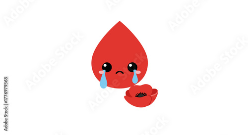Sad blood drop with tears and a small red flower, isolated on white background.