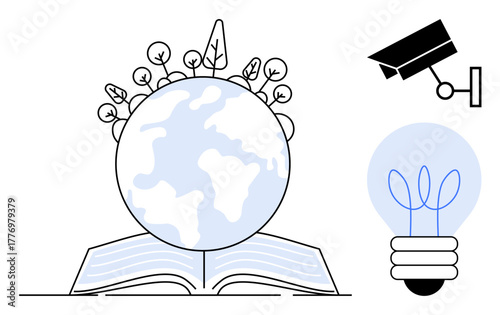 Earth with plants atop an open book representing knowledge and growth, paired with a surveillance camera and eco lightbulb. Ideal for education, sustainability, environment, innovation, security