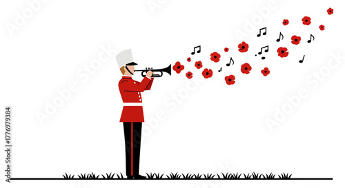 Soldier playing trumpet with musical notes and red flowers.