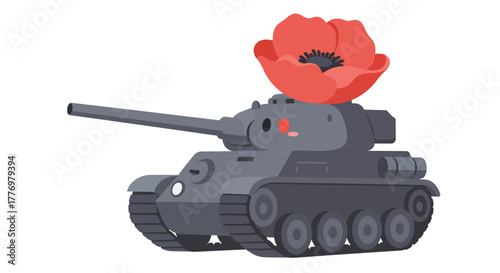 Tank with a poppy flower, a symbol of remembrance and peace.
