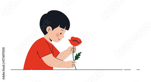 Young boy admiring a beautiful red poppy flower with care and focus.