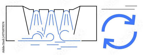 Diagram of water flowing through multiple outlets into a basin with circular arrows symbolizing recycling. Ideal for sustainability, water treatment, conservation, eco-friendly systems, renewable