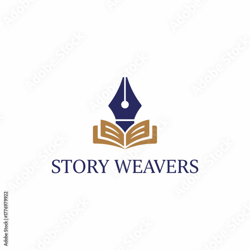 A logo featuring a blue fountain pen atop an open book, and the words "story weavers" below