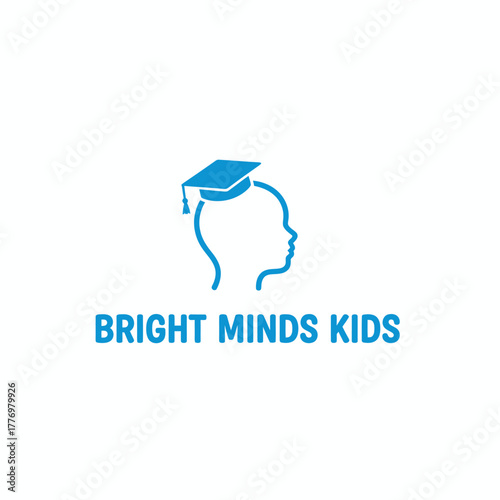 A blue silhouette of a head with a graduation cap above, and text "Bright Minds Kids