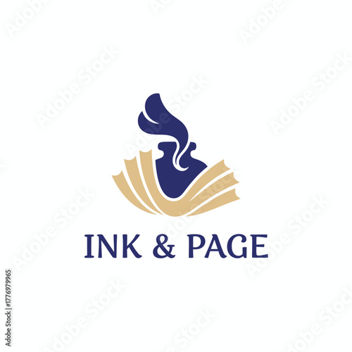 A logo shows a dark blue inkwell with a feathery plume, sitting on a book with tan pages