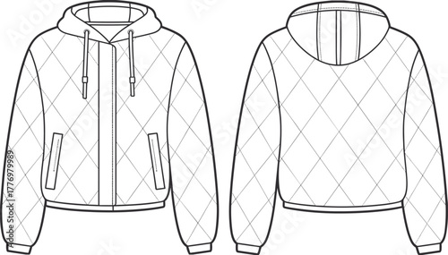 Cad drawing flat vector illustration of quilted hooded jacket front and back view, fashion technical sketch, apparel design template