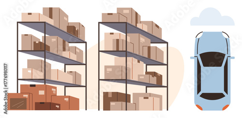 Metal storage racks filled with various boxes next to a parked car. Ideal for supply chain, shipping, warehouse management, logistics, storage organization, inventory control, and workflow