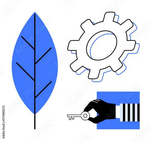 Blue leaf, black-and-white gear, and hand holding a key combine to convey themes of ecology, problem-solving, and access. Ideal for innovation, security, sustainability, technology growth strategy