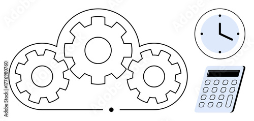 Gears inside a cloud with clock and calculator signifying time management, efficiency, and technological integration. Ideal for workflow, automation, planning, data, productivity, optimization