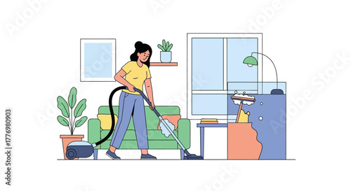 Woman vacuums living room with window couch plant  picture frame