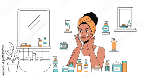 Woman at sink applies face cream amid cosmetic products beside mirrors and a plant