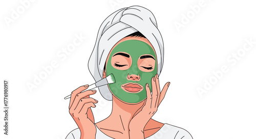 Woman applying green facial mask with brush towel on head