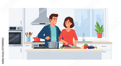 A couple cooks together in a bright modern kitchen with white cabinets and a window overlooking a cityscape
