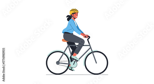 A person wearing a helmet rides a bicycle