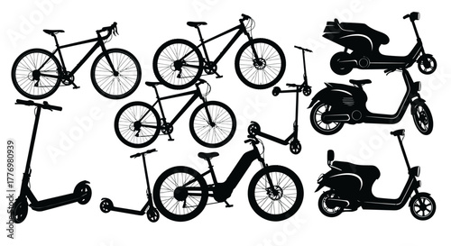 Silhouetted Eco-Friendly Vehicles: Bicycles Scooters and Mopeds for Sustainable Urban Transport