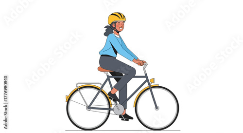 A woman wearing a yellow helmet is riding a gray bicycle
