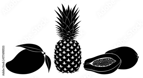 Exotic Fruit Still Life Silhouette Pineapple Mango and Papaya Illustration